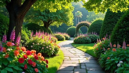 Tranquil Garden Path Sun-Dappled Stone Pathway Winding Through Lush Greenery and Vibrant Flowers to a Peaceful Seating Area