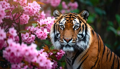 Majestic Tiger with Orange Stripes Looking Directly at Camera Among Pink Blossoms in Nature