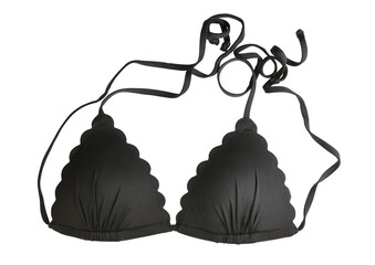 Black bikini top with scalloped edge and adjustable ties isolated on white background.