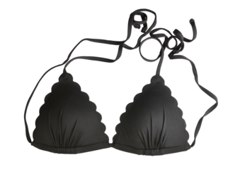 Black bikini top with scalloped edge and adjustable ties isolated on white background.