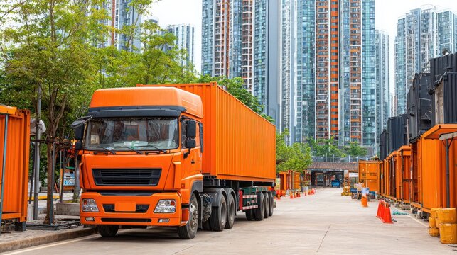 Cargo truck parked in a logistics yard with its container closed, surrounded by warehouse buildings