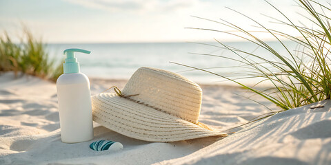 Relax with a healthy spa treatment set on the beach, complete with a hat and sunglasses, lotion for sun protection, and body cream for hygiene and care