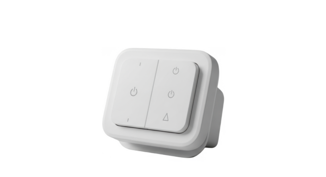 Modern white dual light switch with minimalist design, isolated on white background.