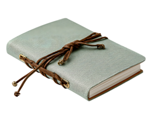 Pale Green Textured Notebook with Brown Cord on white background
