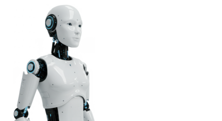 A humanoid robot, sleek and white, subtly angled, stands against a stark white background.