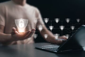 Cybersecurity concept, secure storage of large data files with modern infrastructure through systematic management system, automatic protection system and advanced protection of computer technology.