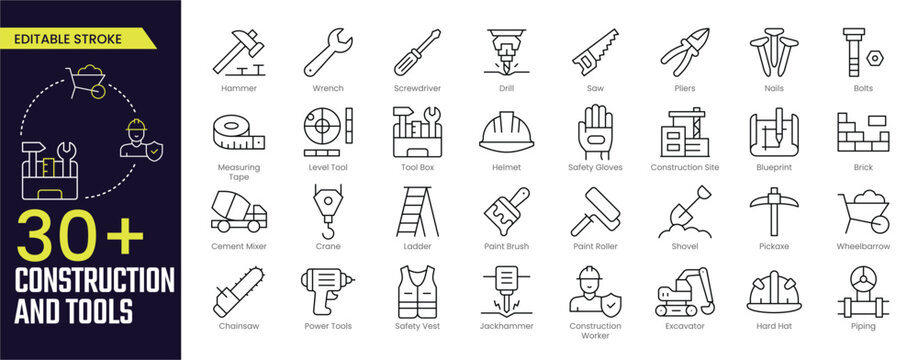 Construction and Tools Stroke icon collections. Containing Power Tools, Worker, Blueprint, Construction, Screwdriver, and Cement Mixer icons. Editable Stroke icon collection Outline icon