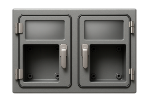 A dual-compartment junction box with separate access, allowing for organized installations in a utility room.