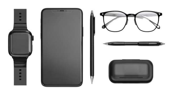 Premium product mockup of smartwatch, smartphone, glasses, and pen on transparent background

