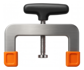 Wide metal clamp used for holding wooden planks together during DIY projects in a workshop.