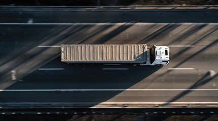 High-angle shot of cargo truck on asphalt road with white dashed lines and shadows