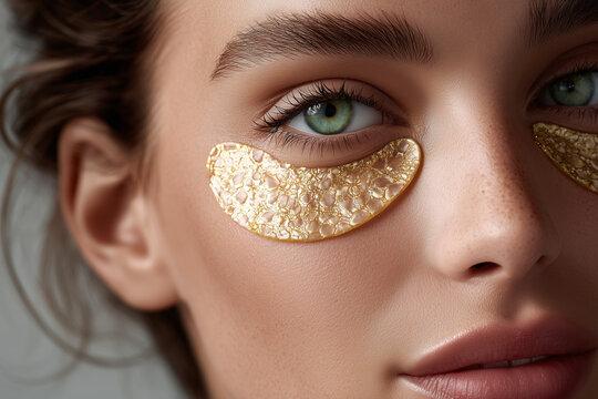 A luxurious close-up of a woman's face, highlighting her beautiful green eyes adorned with shimmering gold under-eye patches for a pampering skincare treatment.
- Powered by Adobe