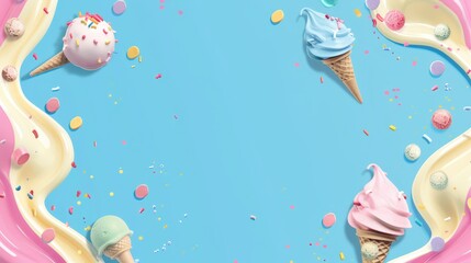 World ice cream day celebration with colorful ice cream cones and sprinkles. Watercolor illustaration. Horizontal banner. Copy space. Free space for text
