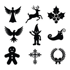 A festive set of nine black silhouette vector icons featuring angel, reindeer, elf, holly, bird, gingerbread man, cross, wreath, and decorative shoe for Christmas designs.