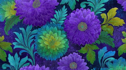 Vibrant floral pattern with large blooming purple flowers, gradient petals transitioning to turquoise-green, detailed yellow and green centers, 