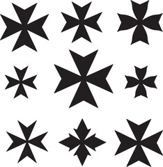 Obraz premium Collection of diverse Maltese cross symbols in various sizes and styles, ideal for historical, religious, heraldic, military, and decorative design elements with a classic, strong aesthetic 