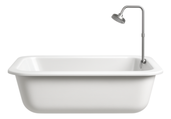 Cast iron alcove bathtub with a built-in shower, designed for compact apartment bathrooms.