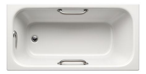 Recessed cast iron bathtub with grab bars, designed for accessibility and comfort in a family home bathroom.