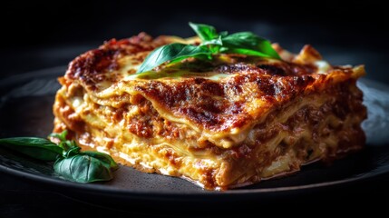 Deliciously Baked Lasagna Layered with Rich Meat Sauce, Cheese, and Fresh Basil on Dark Plate for Gourmet Dining Experience