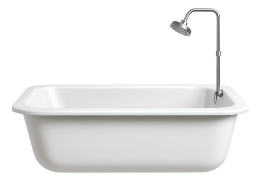 Cast iron alcove bathtub with a built-in shower, designed for compact apartment bathrooms.