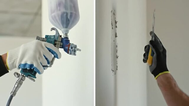 Wall Repair Spray Gun and Spackle Knife Applying Plaster, Home Improvement, DIY, Construction, Renovation