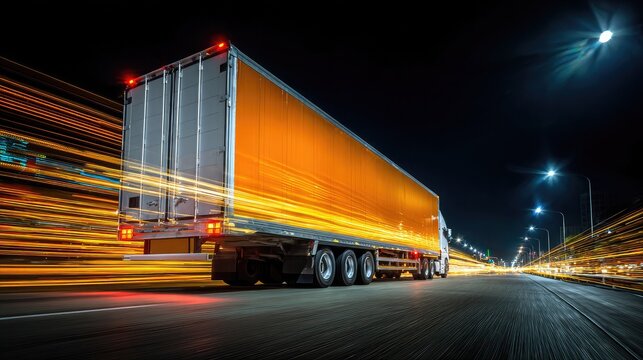 Long exposure of cargo truck at night creating light streaks under highway lights