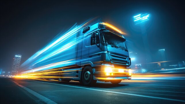 Long exposure of cargo truck at night creating light streaks under highway lights