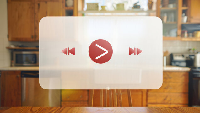 Floating glass media player interface in kitchen. Augmented reality (AR) UI element. - Powered by Adobe