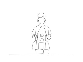Boy holding rocket spaceship in single outline illustration. Continuous line art drawing of kid playing rocket.