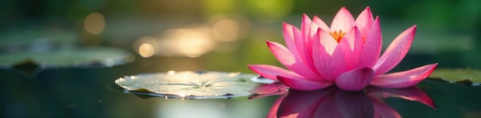 Serene Pink Water Lily Blossom Floating on Tranquil Pond Surface, Sunlight Reflecting, Vibrant Colors, Beautiful Botanical Image