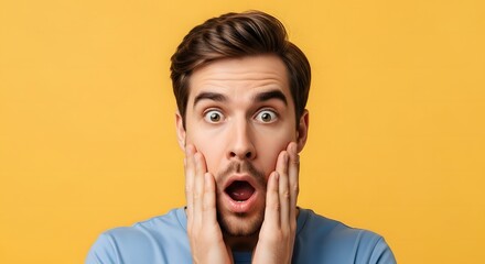 Astonished Man Expressing Surprise with Open Mouth and Wide Eyes on Bright Yellow Background