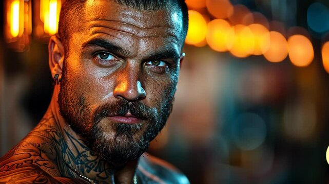 Close-up of a man with tattoos and a beard, in a dimly lit environment with warm-toned lighting