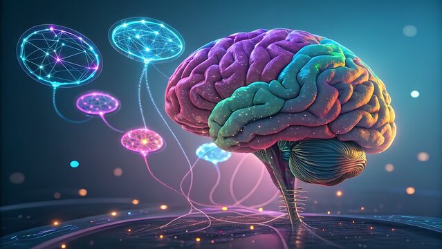 A colorful brain with glowing connections on a futuristic surface art