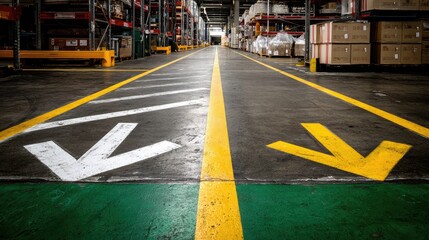 Warehouse floor with bold caution lines and arrows indicating vehicle direction