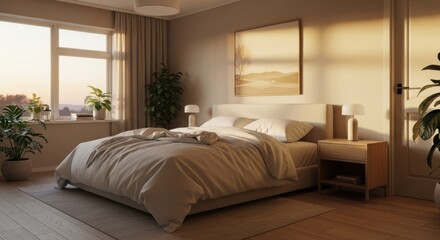 Serene Bedroom Ambiance With Warm Natural Light and Cozy Furnishings Creating a Peaceful Retreat