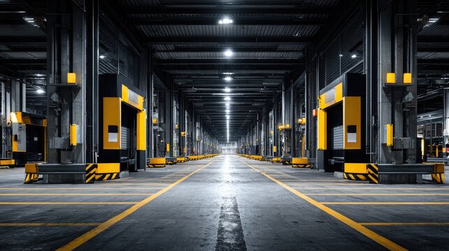 View of empty warehouse loading area with yellow lines and open docking bays