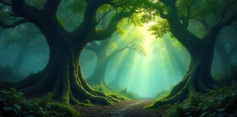 Mystical Sunlight Filtering Through Ancient Gnarled Trees in a Misty Forest, Perfect for Fantasy and Fairytale Themes