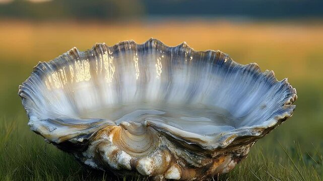 Giant Clam Shell: Nature's Bowl on Grassy Field, Serene Outdoor Still Life