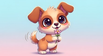 Adorable Cartoon Puppy with Flower Cute Pet Illustration for Children and Pet Lovers 