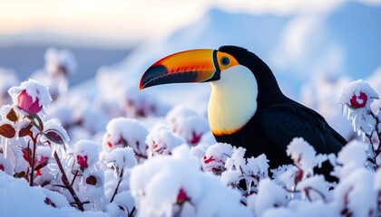 Colorful Toucan Standing in Snowy Landscape with Red Rosebuds on a Cold Winter Day