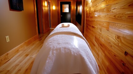 Serene Spa Room Interior White Massage Table in Warm Wooden Setting