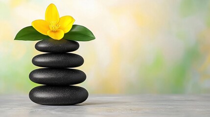 Serene Stack of Black Stones and Yellow Flower on Pastel Background