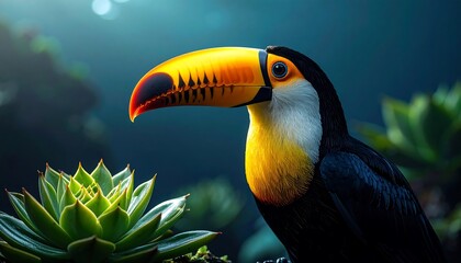 Vibrant Colorful Tropical Toucan Bird with Large Yellow Beak in Lush Jungle Environment