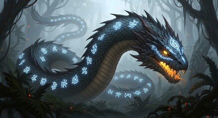 Mystical Serpent in Jungle Artwork An Enigmatic Creature Lurking in Verdant Habitat - Fantasy Wildlife Art