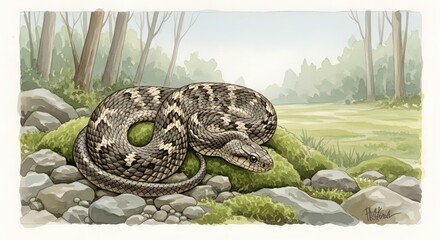 Detailed illustration of a coiled timber rattlesnake basking on mossy rocks, set against a serene forest backdrop showcasing wildlife and nature.