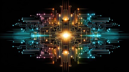 Abstract circuit-inspired geometric design with neon colors on deep black background