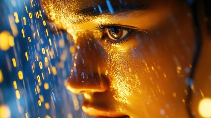 Cybernetic female AI face emerging from binary digits with digital rain and tech-blue ambient glow. Data scientist