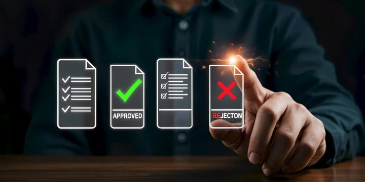 Businessman selecting approved document in digital interface. Ideal for approval workflows, decision making, business automation, and document review or validation processes.