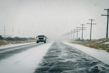 Driving on Winter Snowy Road with Cars and Trucks Wintery Snow