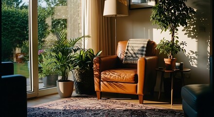 Fototapeta premium Cozy Sunlit Living Room with Leather Chair and Indoor Plants
